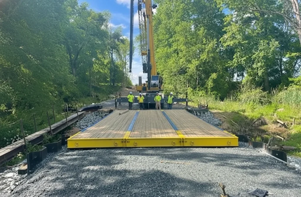 Three stress-laminated timber bridge panels being installed side-by-side at the Lakeside at Trappe project