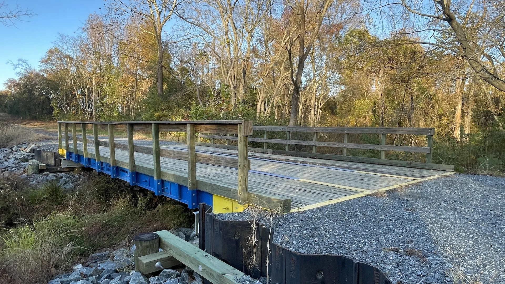 Installed timber bridge with guard rails