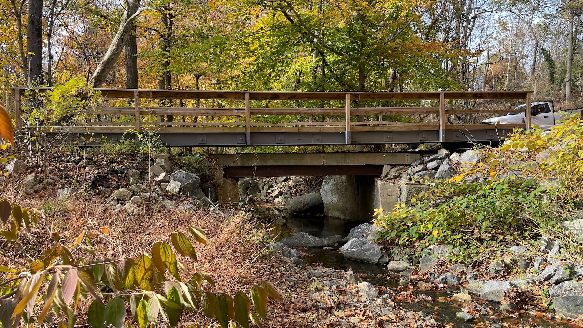 Finished residential timber bridge overlay in Baltimore suburbs